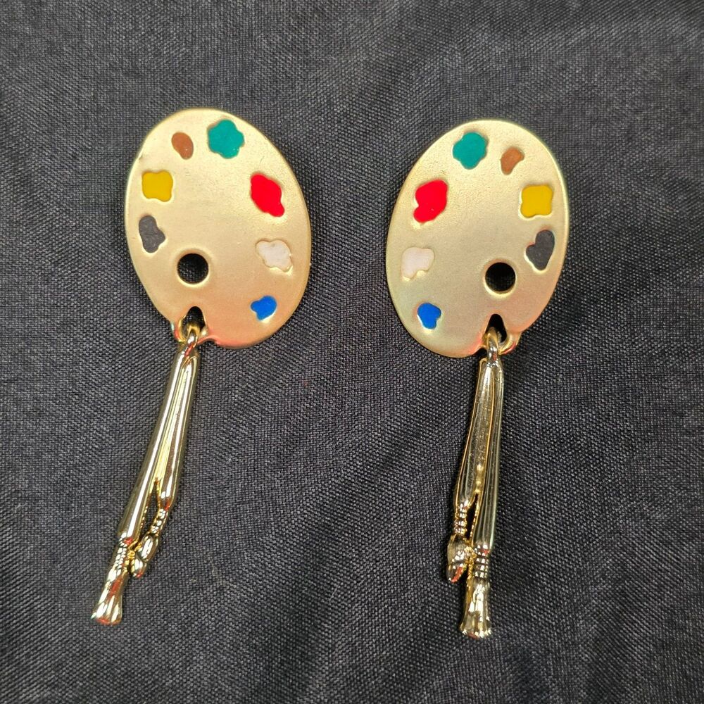 Goldtone Enamel Artist Palette Dangle Earrings Paintbrush Pierced Art Jewelry
